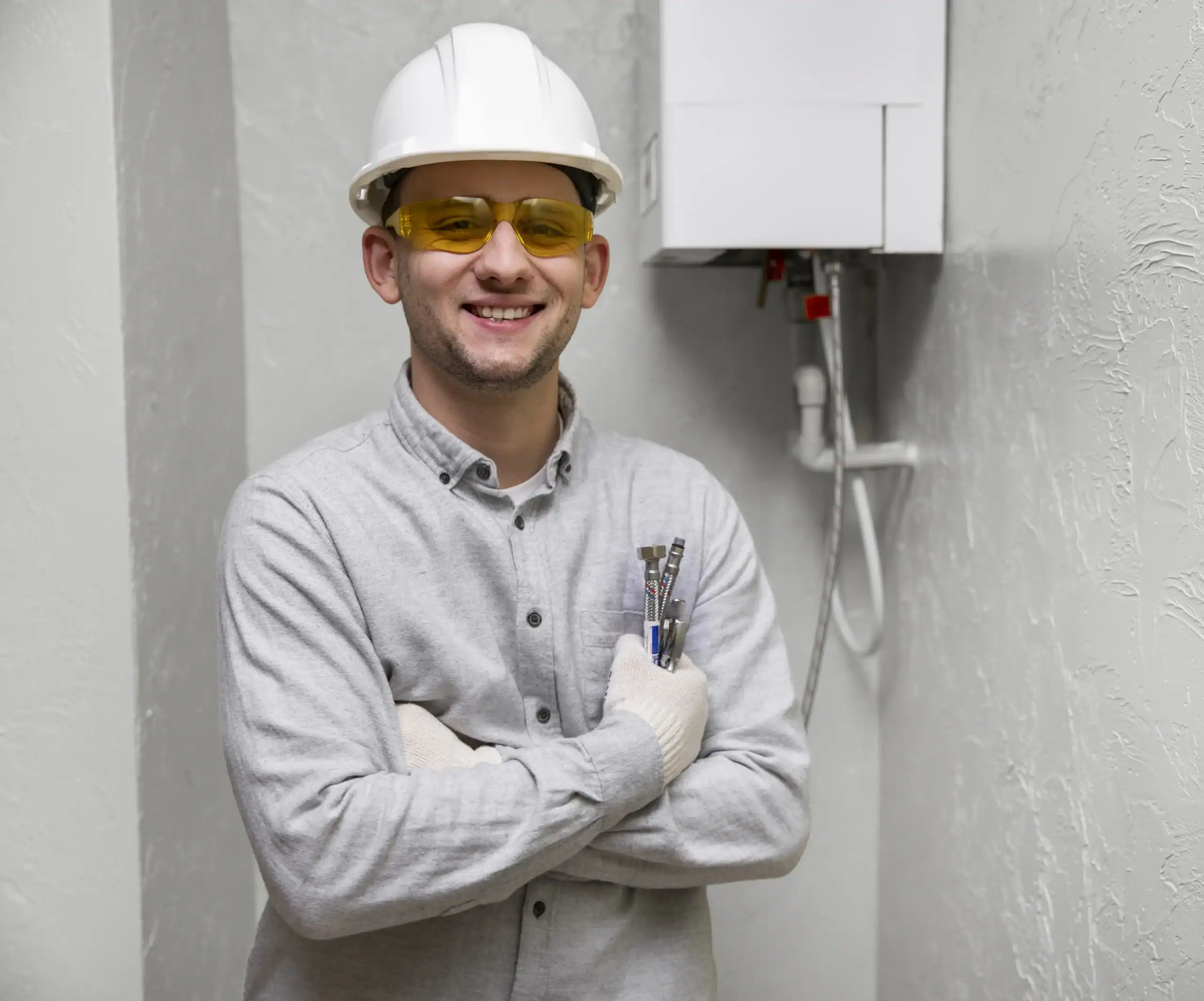 Técnico en instalaciones de calentadores con casco y gafas de seguridad.